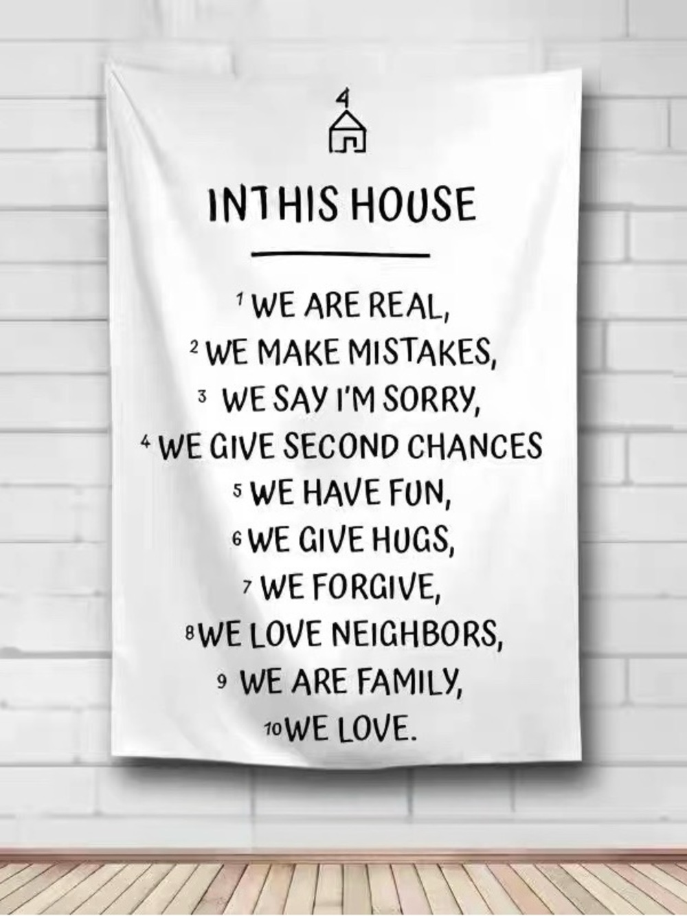 In This House Family Values Tapestry - White with Black Text